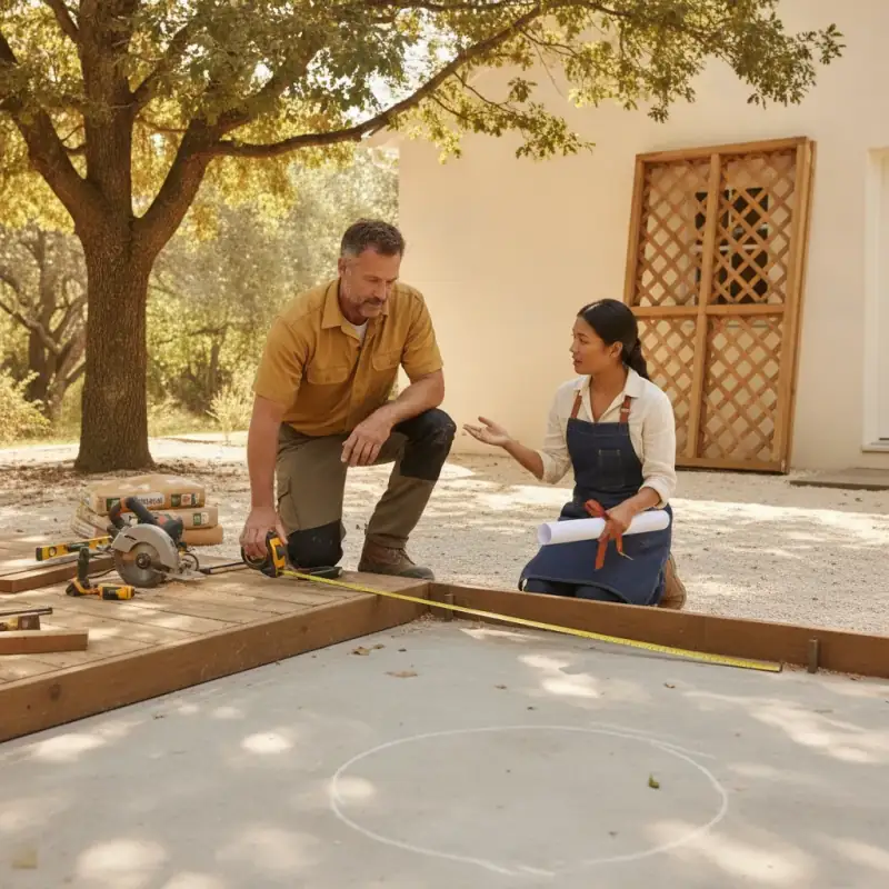 גבר ואישה מתכננים פינת ישיבה בגינה ליד עץ, עם סרט מדידה, תוכניות ומשטח עץ בבנייה